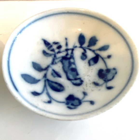 Antique Blue Onion Flow Blue Miniature Pair Porcelain Tea Cup & Saucer Set - Picture 5 of 8